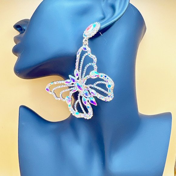 Aurora Borealis Rhinestone Large Butterfly Earring - Picture 9 of 11
